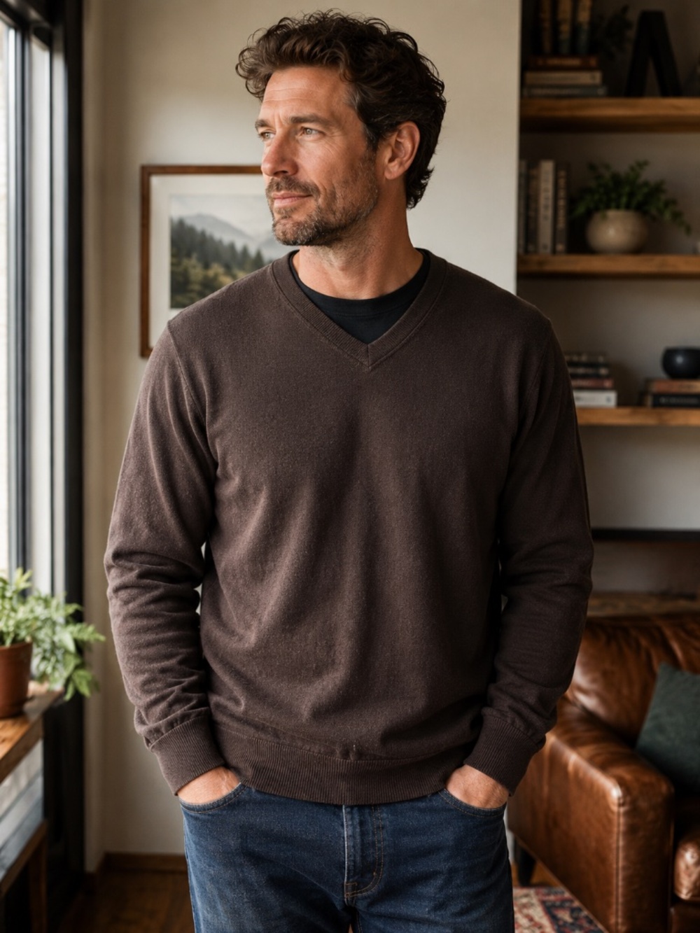Vintage GAP Brown Cotton Cashmere V-Neck Sweater Men's Medium